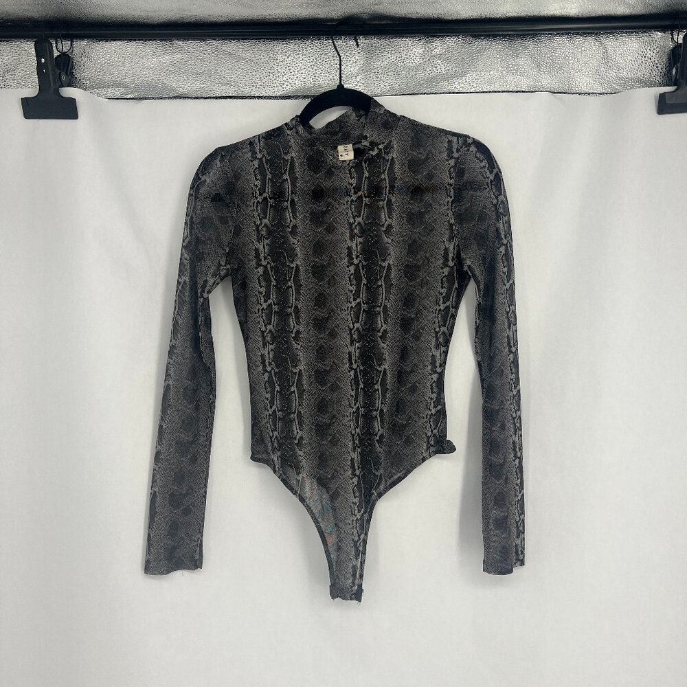 Salty Snakeskin Print Sheer Bodysuit Swiftie Grey Mockneck Long Sleeve